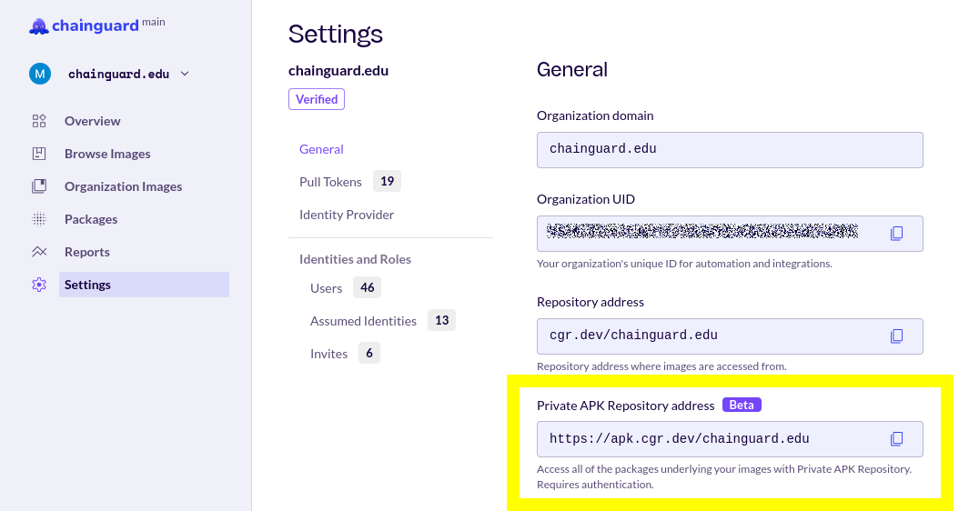 Screenshot of an organization's 'Settings' tab, with the Private APK Repository address highlighted in a yellow box.